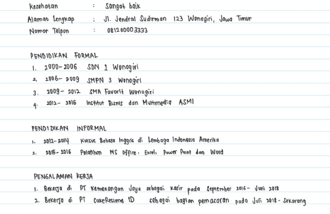 daftar riwayat hidup tulis tangan